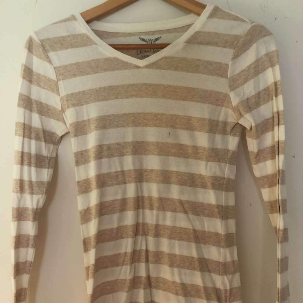 Beige and white striped long sleeve shirt